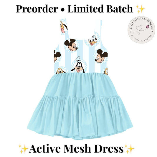 PREORDER Mickey and Friends Light Blue Character Print Active Mesh Twirl Dress | Mommy and Me Park Outfit photo 1