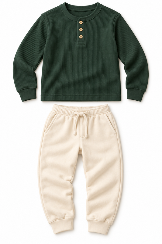 Forest Green Henley and Cream Jogger Set — design mockup