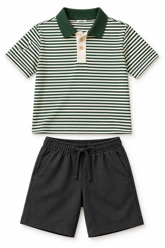 Forest Stripe Polo and Charcoal Shorts Set — design mockup