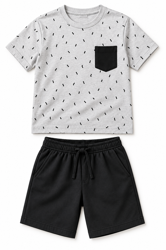 Heather Gray Pocket Tee and Black Shorts Set — design mockup
