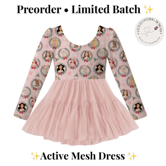 PREORDER Christmas Disney Princess Dress | Pink Christmas Dress | Princess Twirl Dress | Active Mesh Dress | Long Sleeve