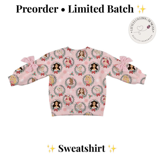 PREORDER Christmas Disney Princess Sweatshirt | Pink Princess Pullover | Bow Sleeve Sweatshirt | Holiday Outfit