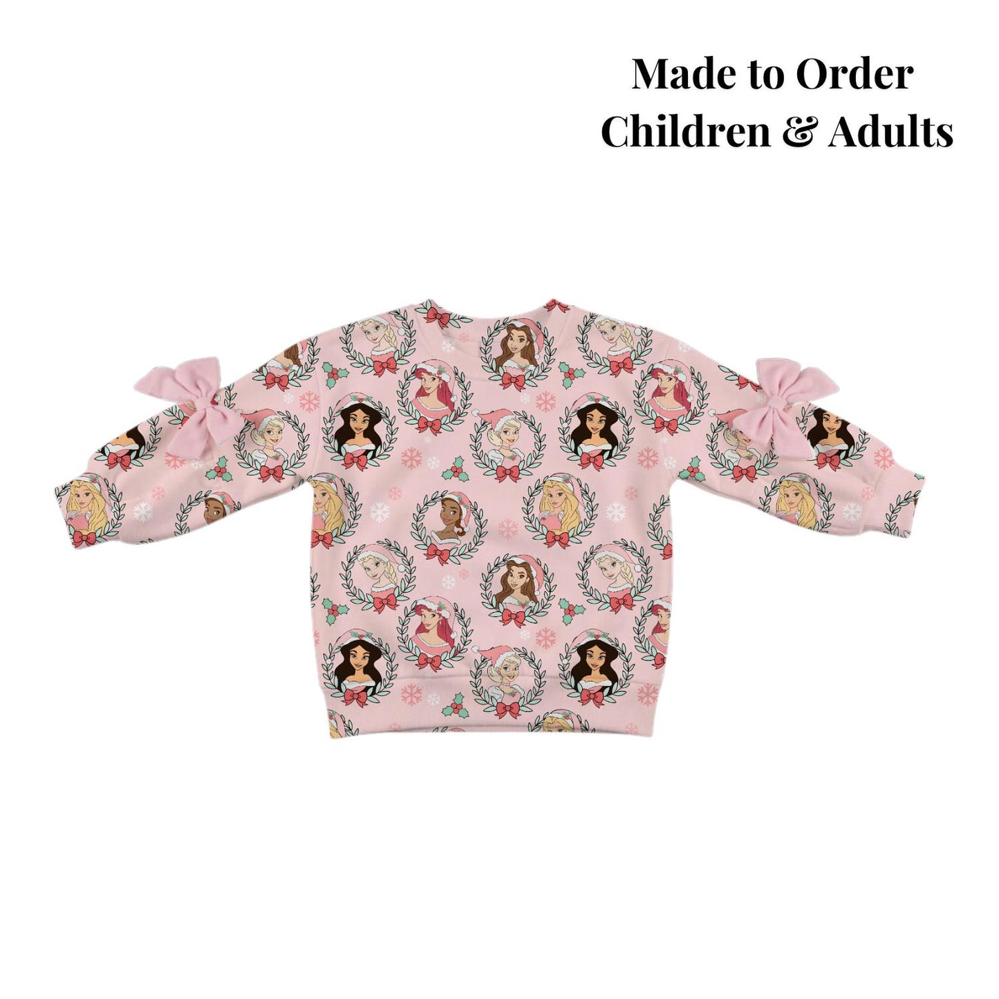 PREORDER Christmas Disney Princess Sweatshirt | Pink Princess Pullover | Bow Sleeve Sweatshirt | Holiday Outfit