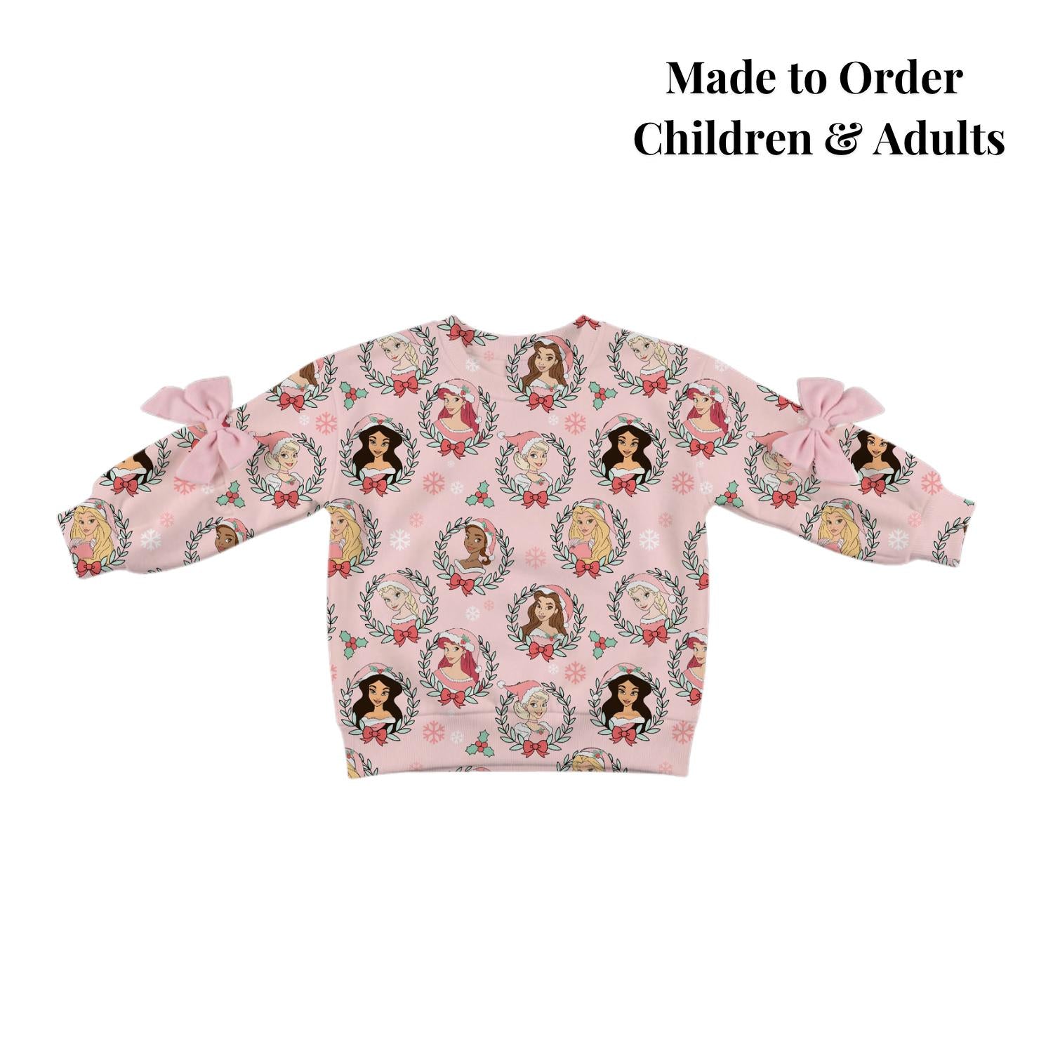 PREORDER Christmas Disney Princess Sweatshirt | Pink Princess Pullover | Bow Sleeve Sweatshirt | Holiday Outfit
