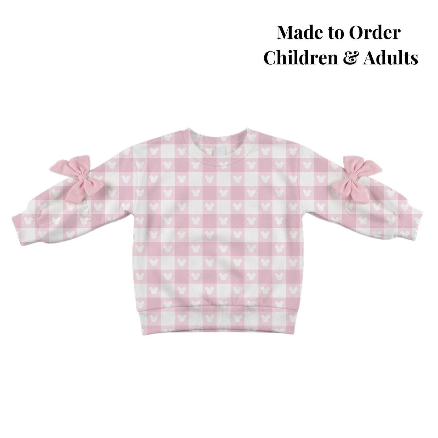 Preorder Pink Disney Park Outfit, Checkered Sweatshirt with Bow Sleeves