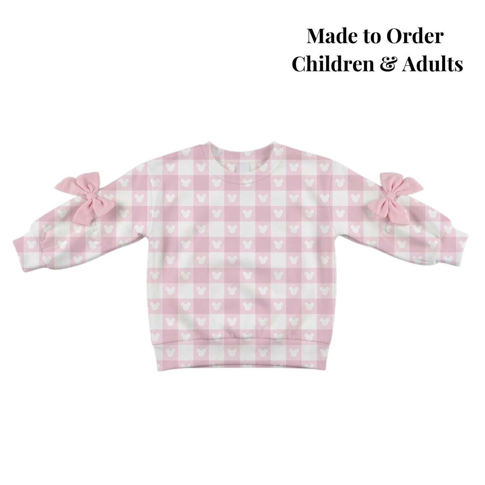 Preorder Pink Disney Park Outfit, Checkered Sweatshirt with Bow Sleeves