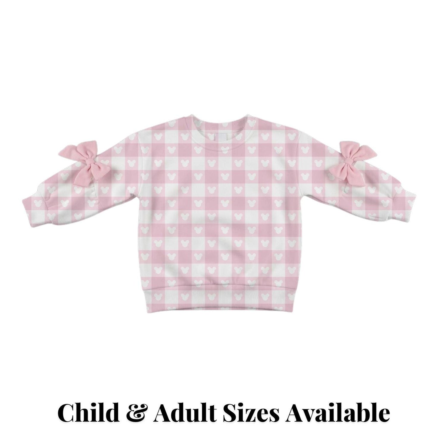 Preorder Pink Disney Park Outfit, Checkered Sweatshirt with Bow Sleeves