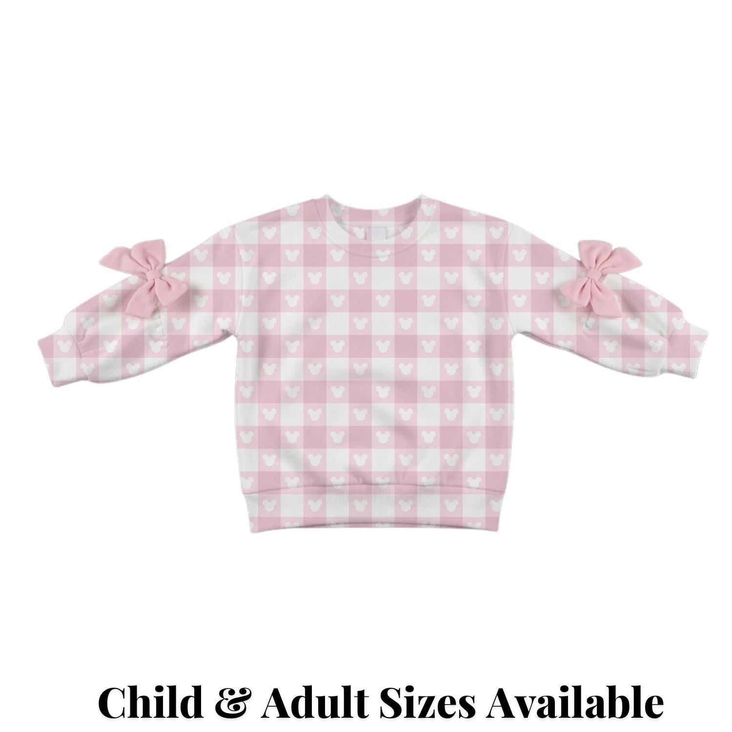 Preorder Pink Disney Park Outfit, Checkered Sweatshirt with Bow Sleeves