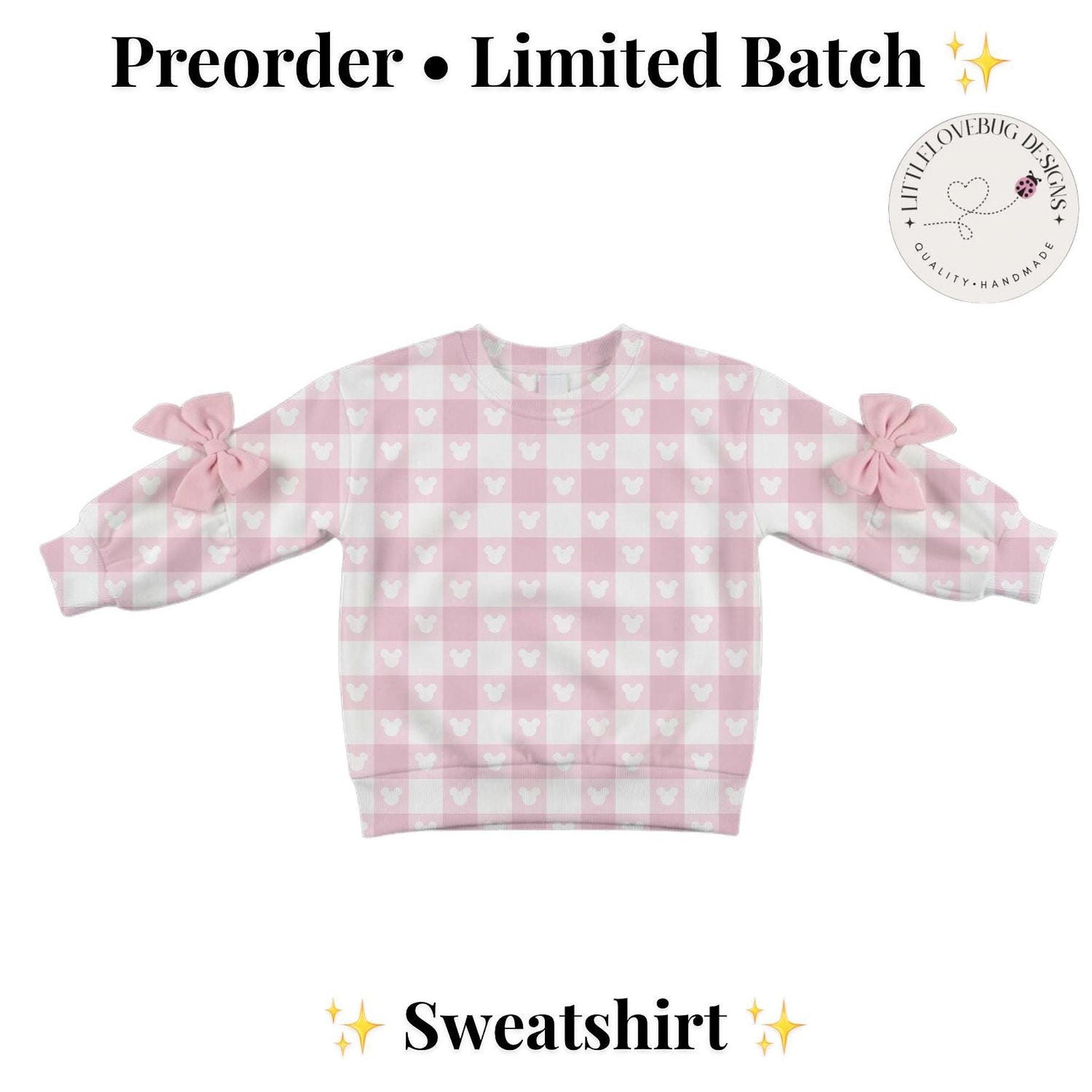 Preorder Pink Disney Park Outfit, Checkered Sweatshirt with Bow Sleeves