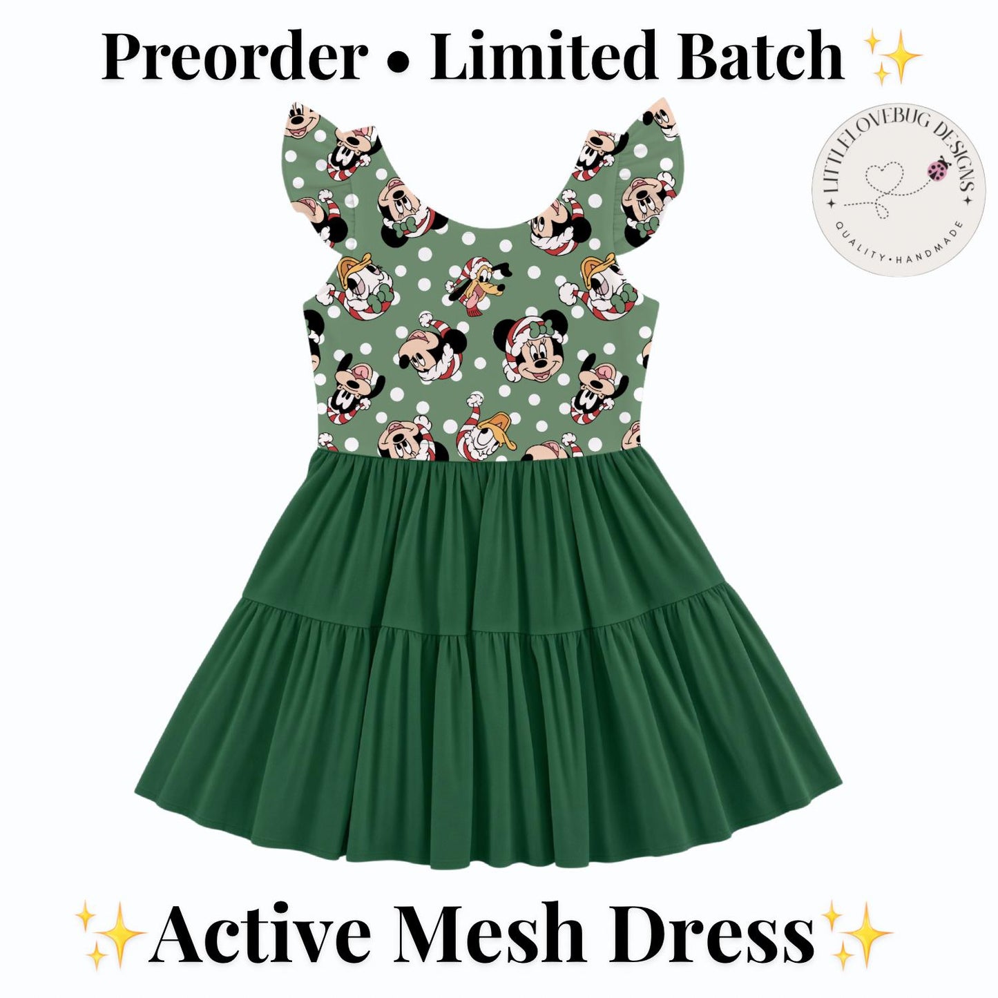 PREORDER Mickey and Friends Christmas Active Mesh Twirl Dress with Separate Shorts | Green Disney Holiday Outfit