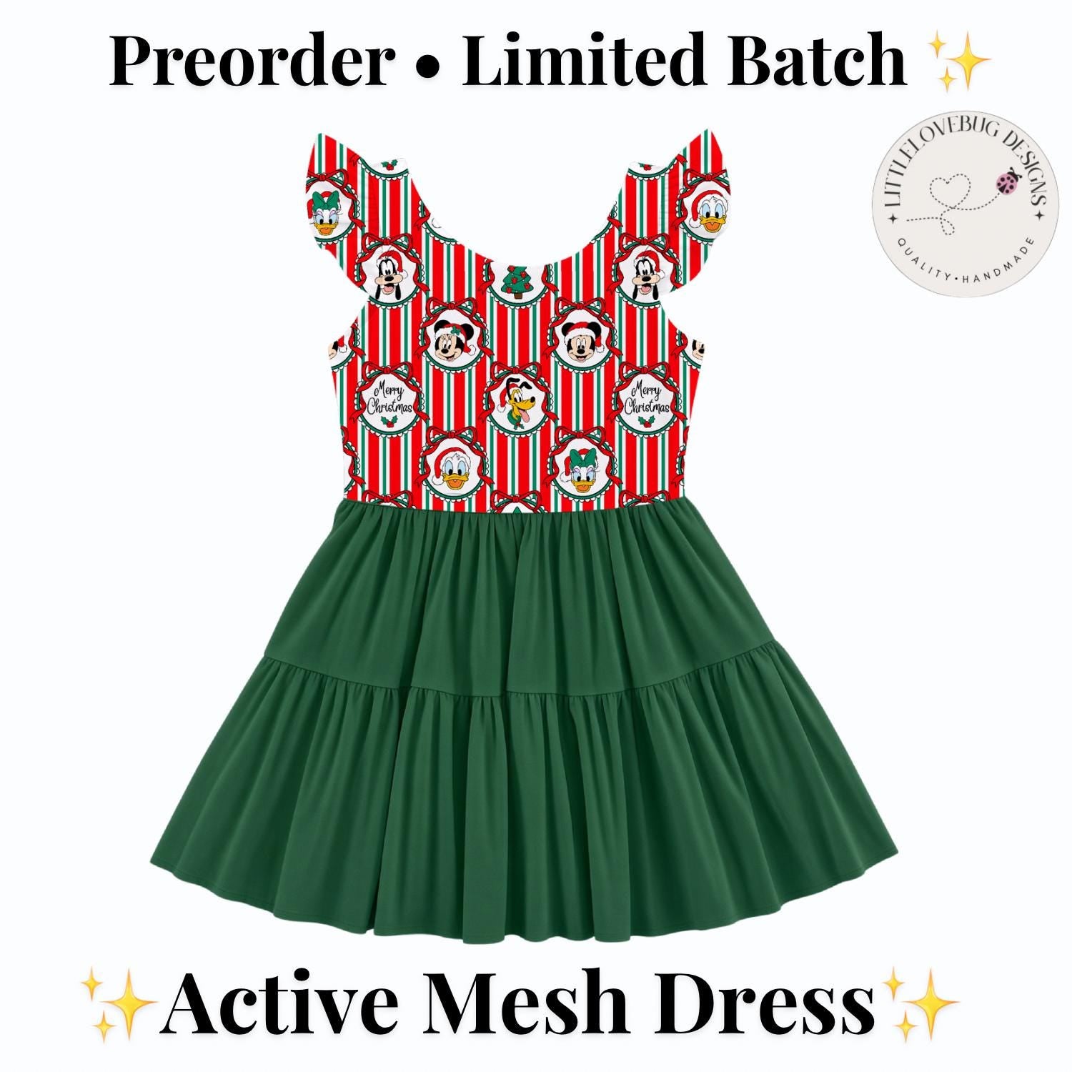 PREORDER Mickey and Friends Christmas Active Mesh Twirl Dress with Separate Shorts | Retro Stripe Disney Holiday Outfit