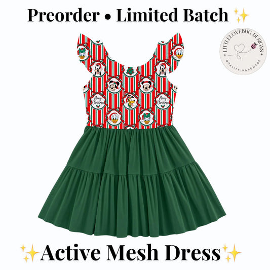 PREORDER Mickey and Friends Christmas Active Mesh Twirl Dress with Separate Shorts | Retro Stripe Disney Holiday Outfit