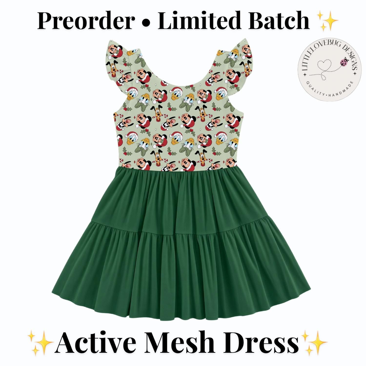 PREORDER Mickey and Friends Christmas Active Mesh Twirl Dress with Separate Shorts | Green Disney Holiday Park Outfit