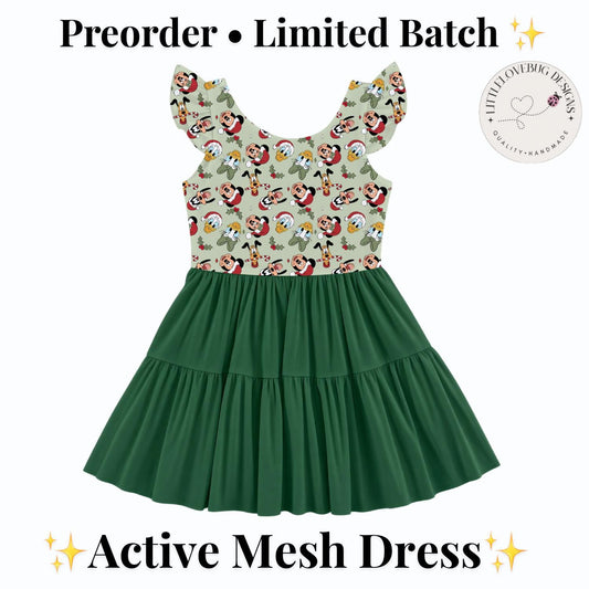 PREORDER Mickey and Friends Christmas Active Mesh Twirl Dress with Separate Shorts | Green Disney Holiday Park Outfit