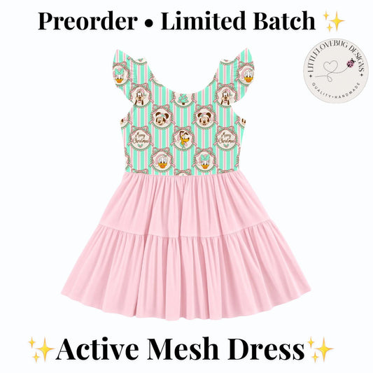 PREORDER Pastel Mickey and Friends Christmas Active Mesh Twirl Dress with Separate Shorts | Pink Disney Holiday Outfit