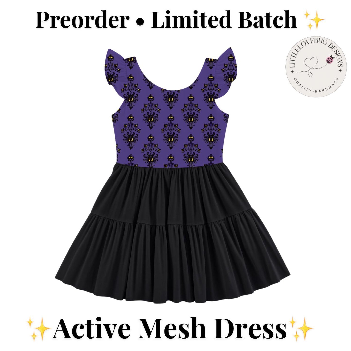 PREORDER Haunted Mansion Wallpaper Active Mesh Twirl Dress with Separate Shorts | Purple Disney Halloween Park Outfit