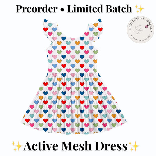 PREORDER Colorful Heart Active Mesh Twirl Dress with Separate Shorts | Girls Rainbow Valentine Outfit