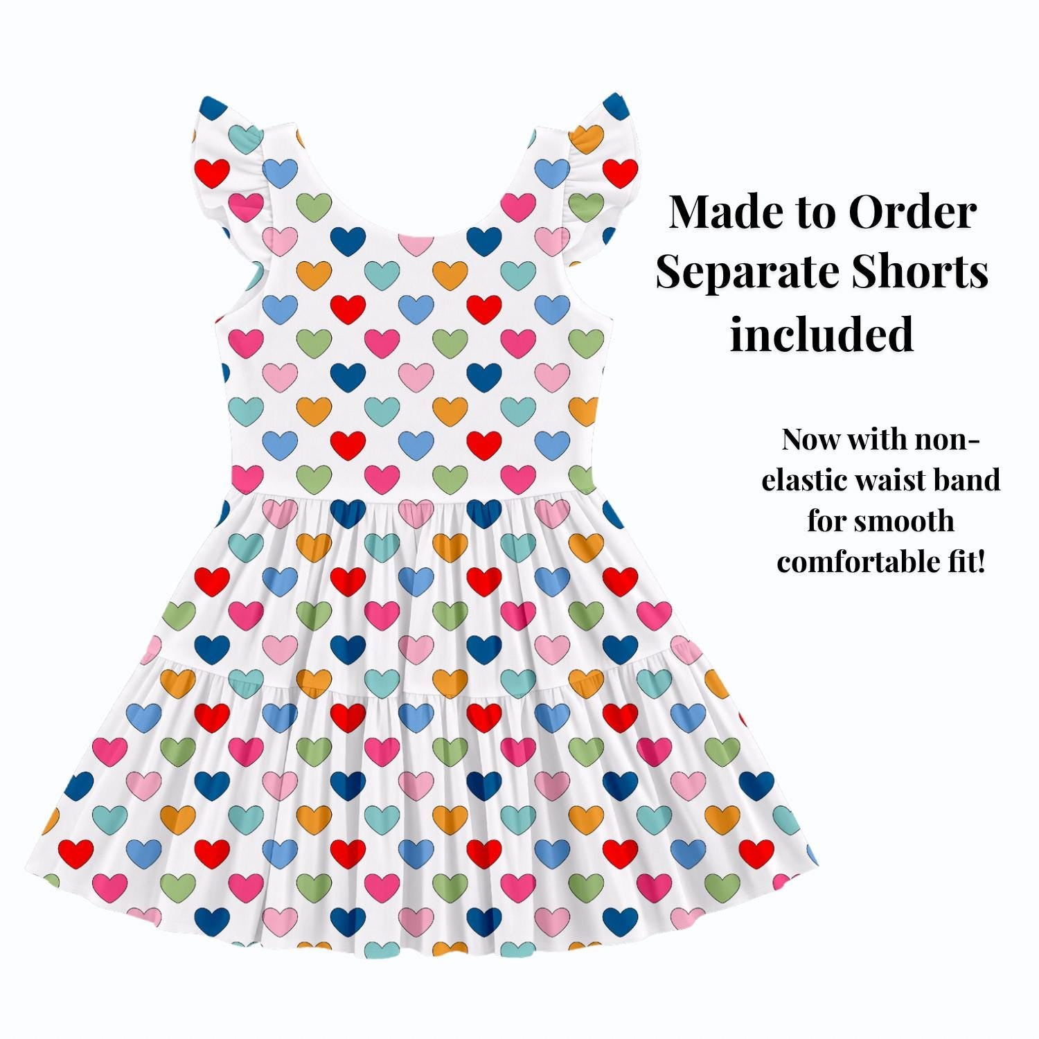 PREORDER Colorful Heart Active Mesh Twirl Dress with Separate Shorts | Girls Rainbow Valentine Outfit