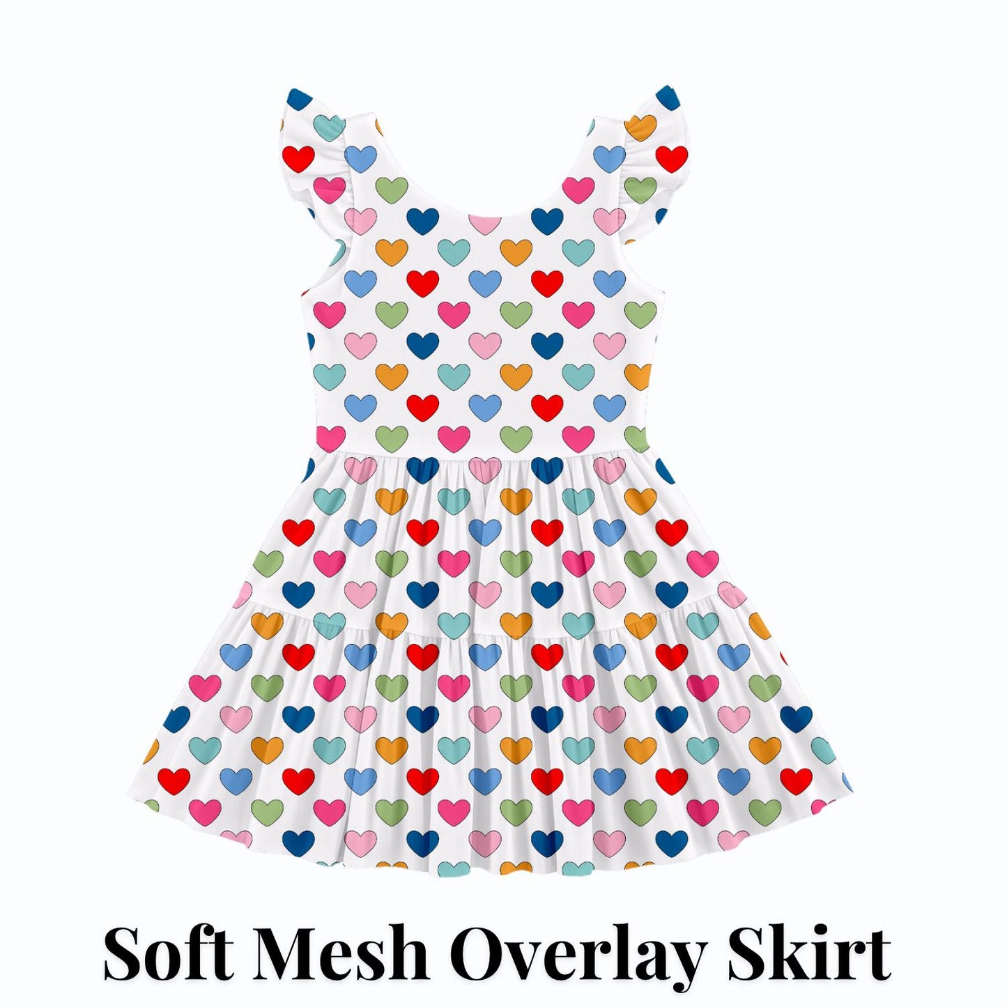 PREORDER Colorful Heart Active Mesh Twirl Dress with Separate Shorts | Girls Rainbow Valentine Outfit