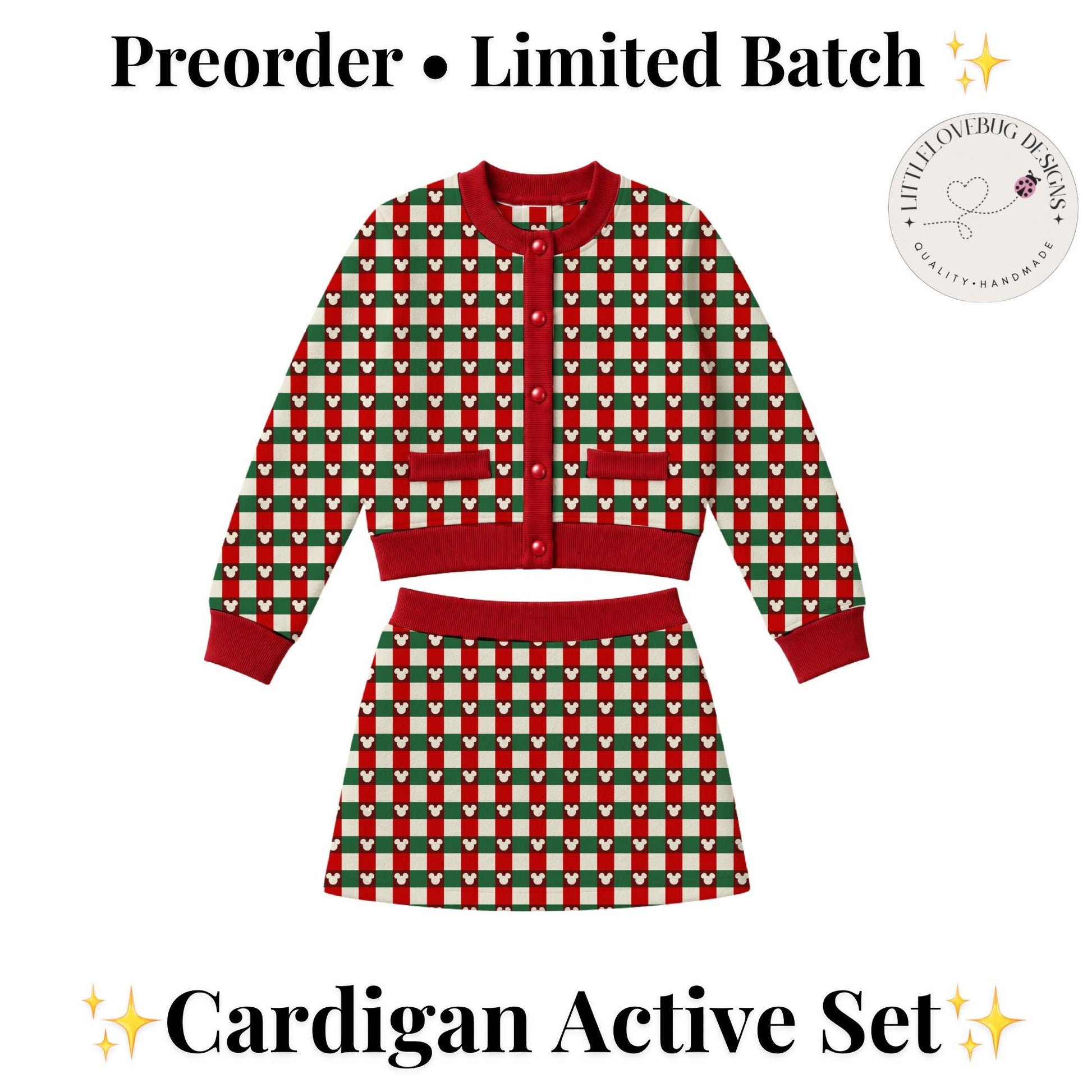 PREORDER Mickey Christmas Plaid Cardigan and Active Skort Set | Red and Green Disney Holiday Outfit