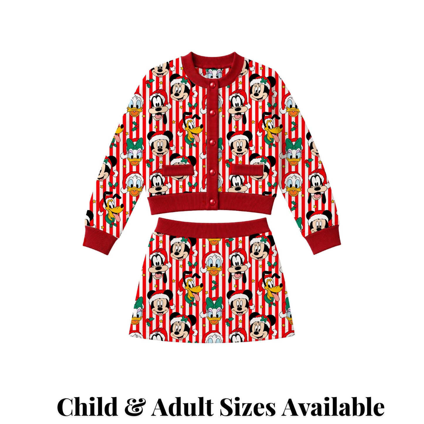 PREORDER Mickey and Friends Christmas Cardigan and Active Skort Set | Red Candy Cane Disney Holiday Outfit