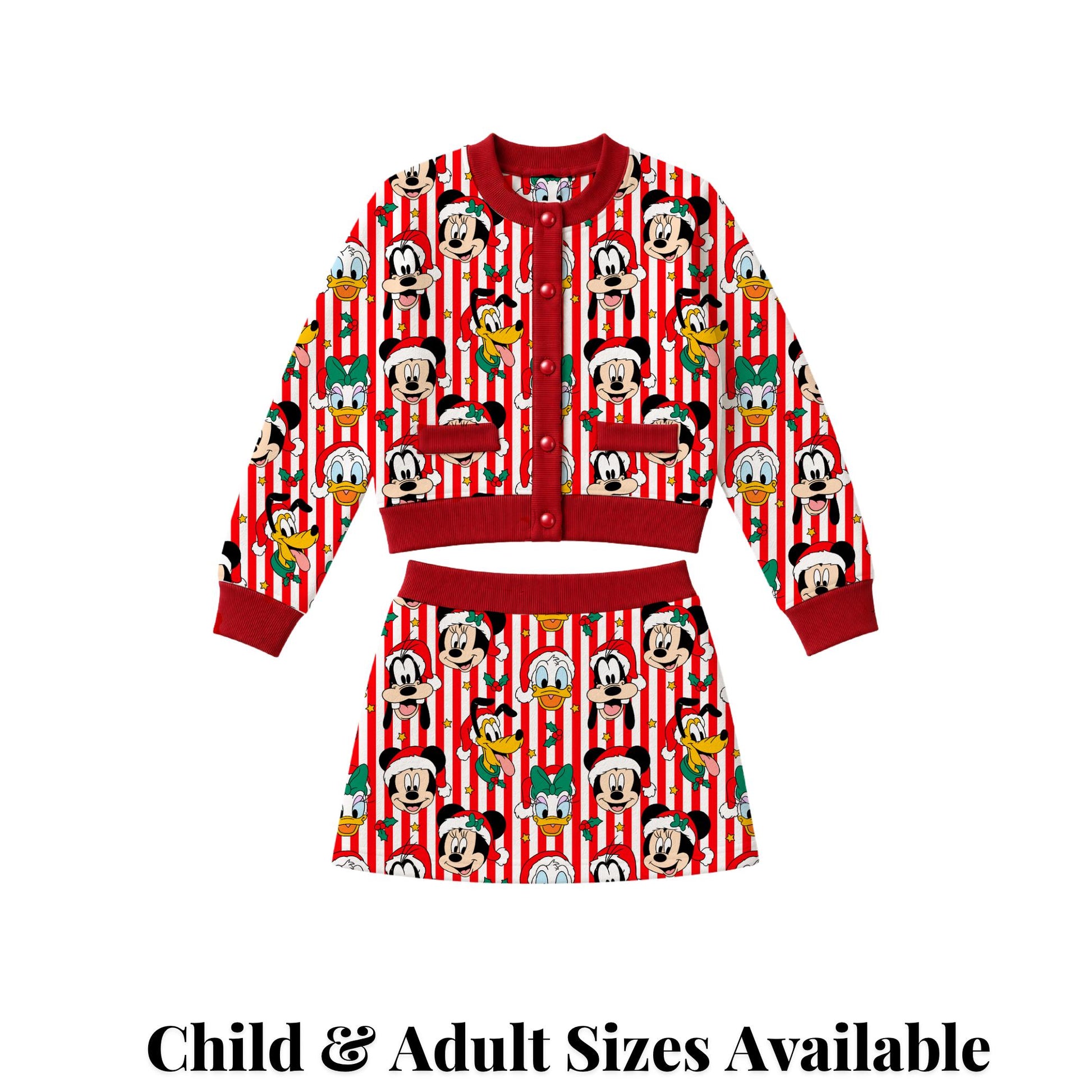 PREORDER Mickey and Friends Christmas Cardigan and Active Skort Set | Red Candy Cane Disney Holiday Outfit