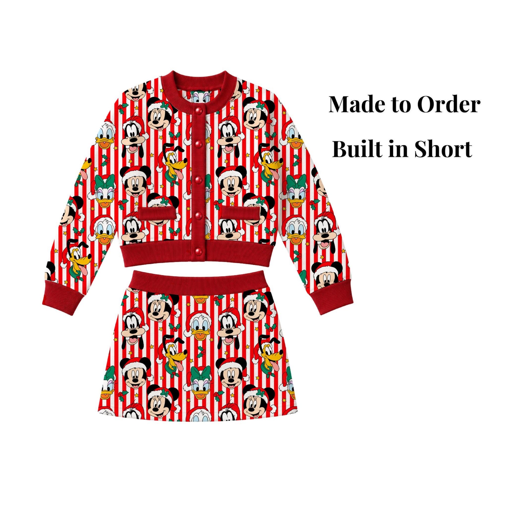 PREORDER Mickey and Friends Christmas Cardigan and Active Skort Set | Red Candy Cane Disney Holiday Outfit