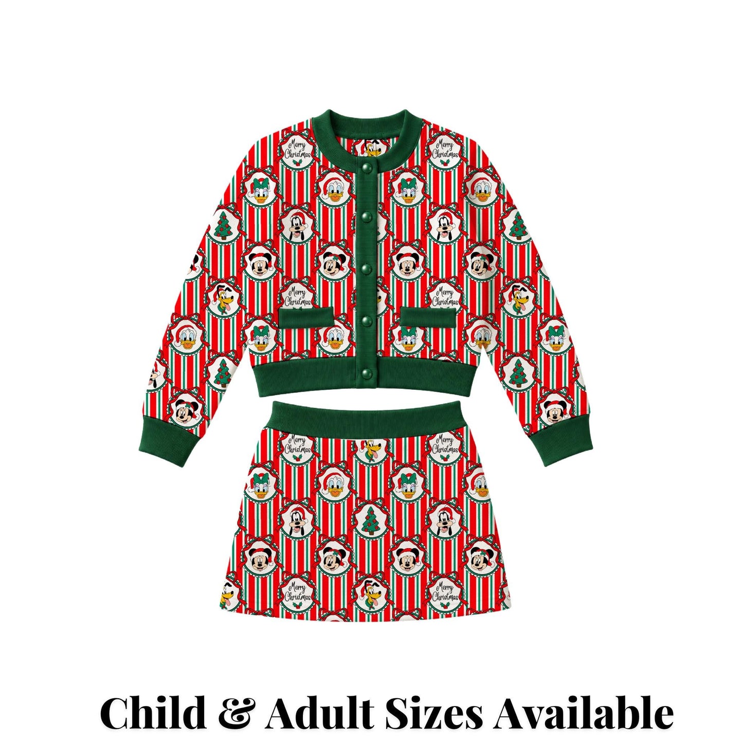 PREORDER Mickey and Friends Christmas Cardigan and Active Skort Set | Retro Stripe Disney Holiday Outfit