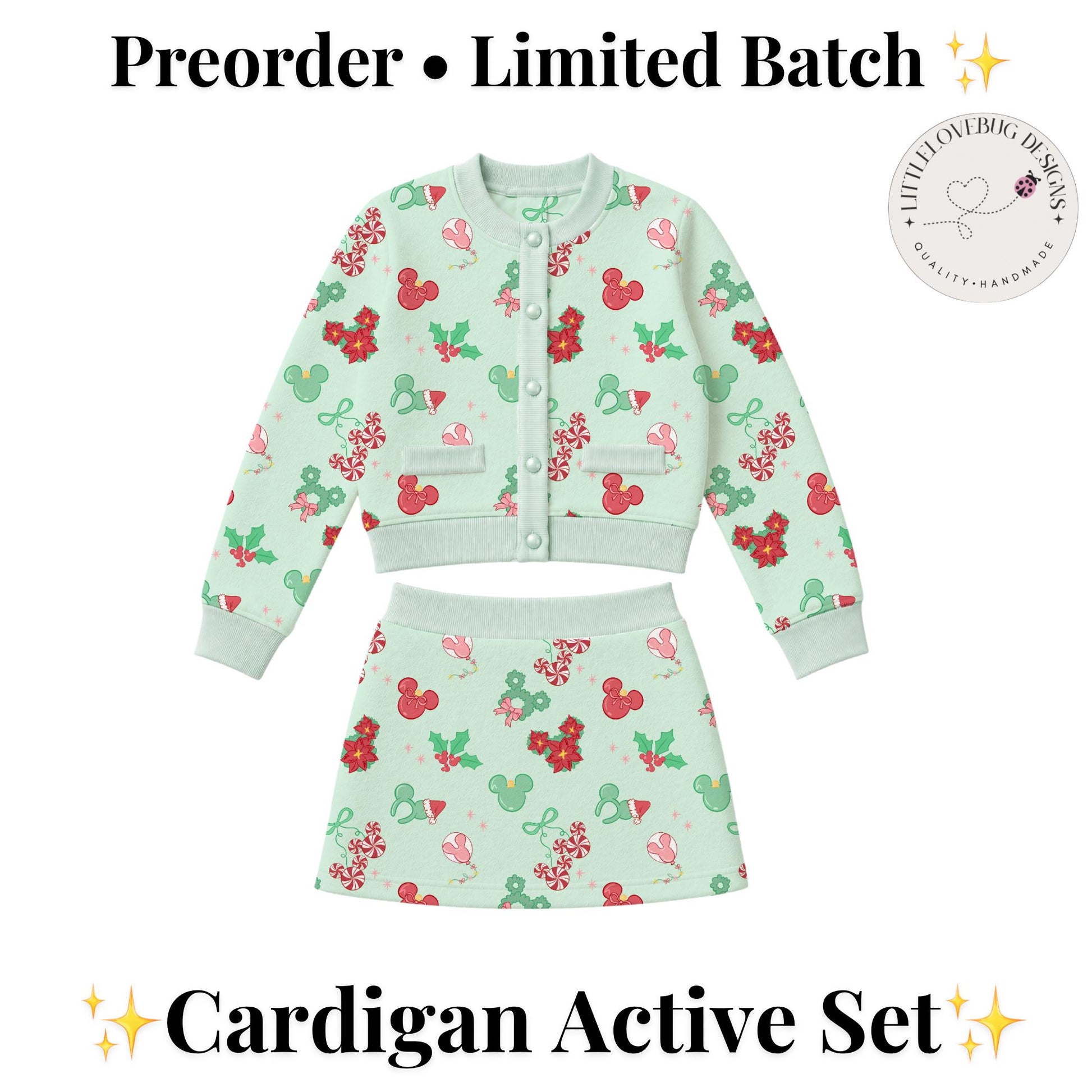 PREORDER Mint Mickey Christmas Treats Cardigan and Active Skort Set | Disney Holiday Park Outfit