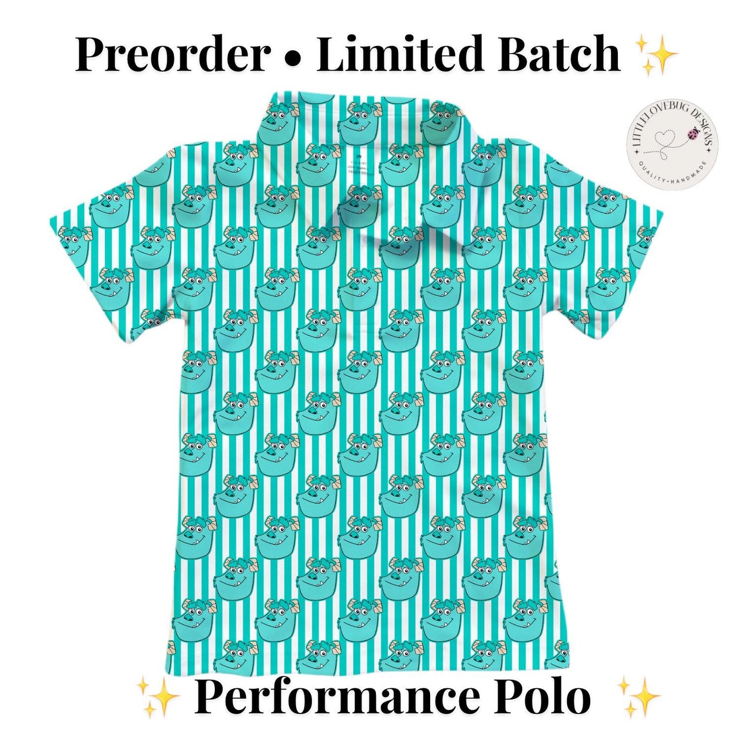 PREORDER Sulley Monsters Inc Performance Polo Shirt | Adult and Child Turquoise Stripe Disney Park Outfit