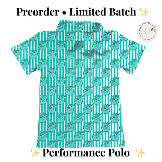 PREORDER Sulley Monsters Inc Performance Polo Shirt | Adult and Child Turquoise Stripe Disney Park Outfit