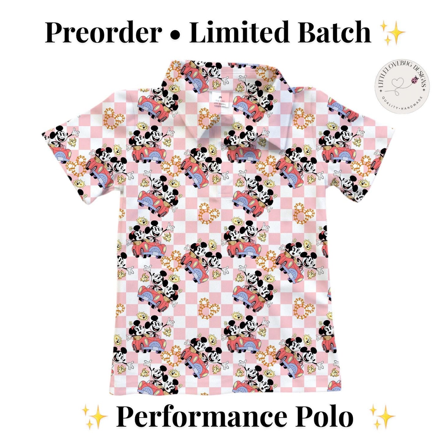 PREORDER Mickey and Minnie Runaway Railway Performance Polo Shirt | Adult and Child Pink Checkered Disney Park Outfit