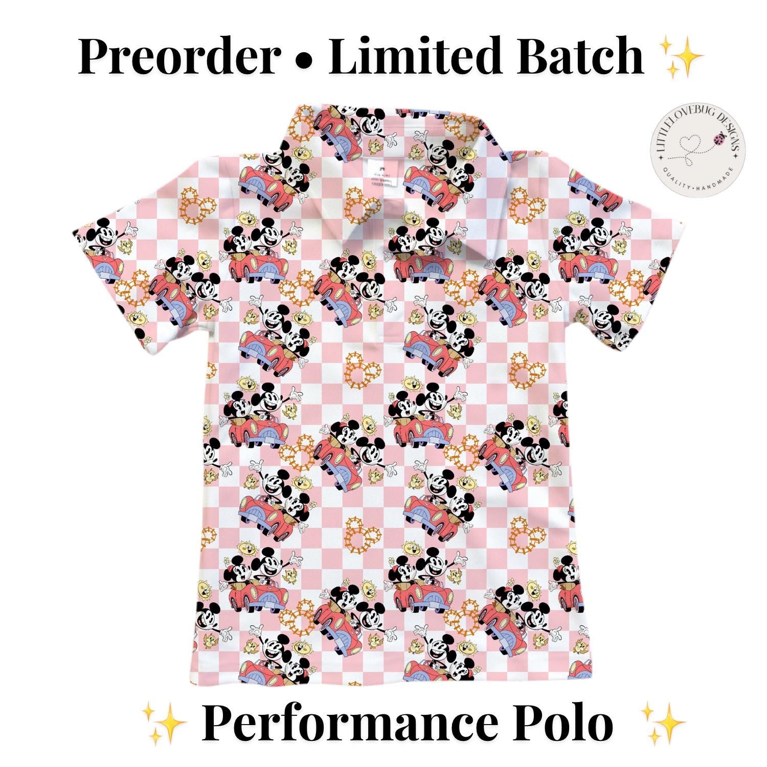 PREORDER Mickey and Minnie Runaway Railway Performance Polo Shirt | Adult and Child Pink Checkered Disney Park Outfit