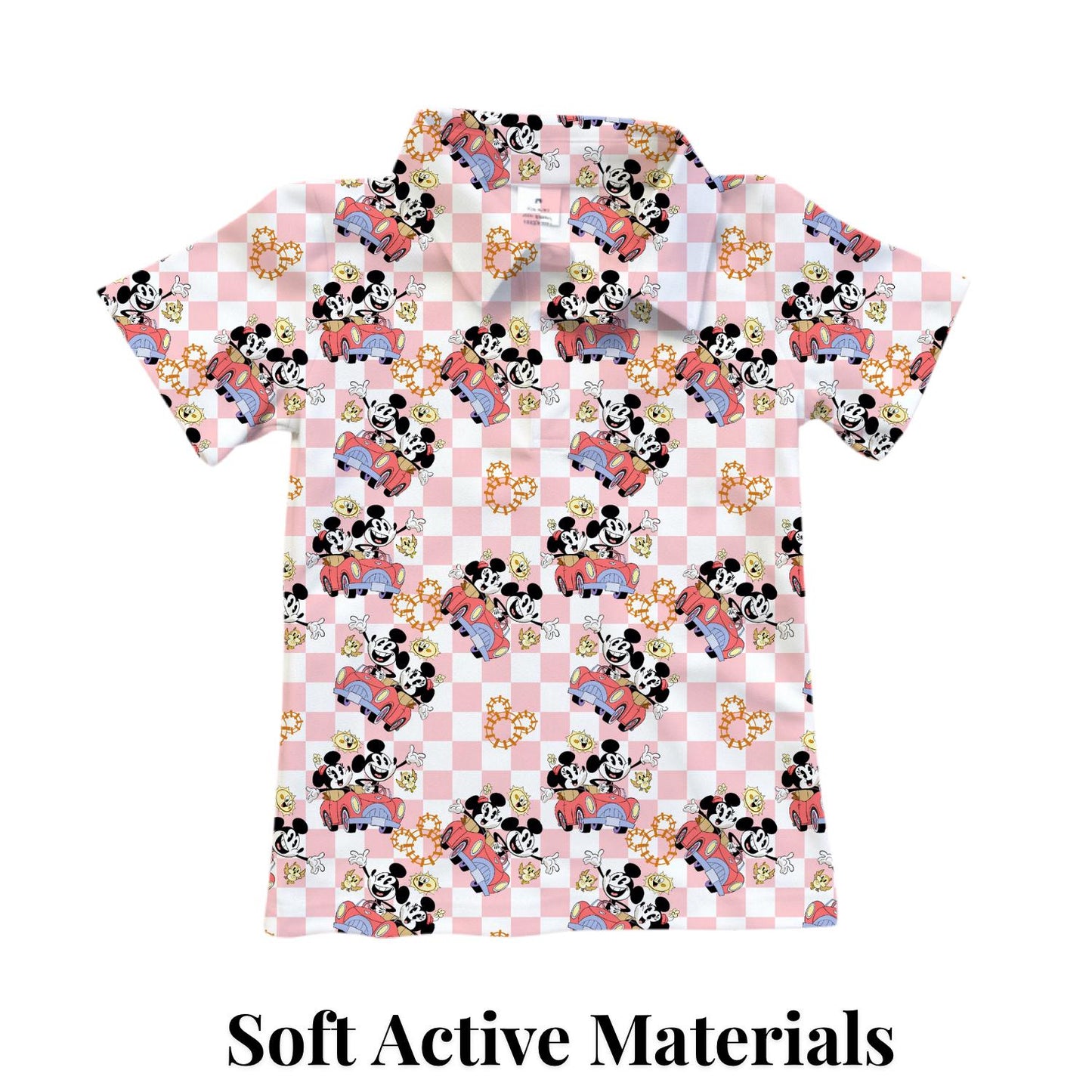 PREORDER Mickey and Minnie Runaway Railway Performance Polo Shirt | Adult and Child Pink Checkered Disney Park Outfit