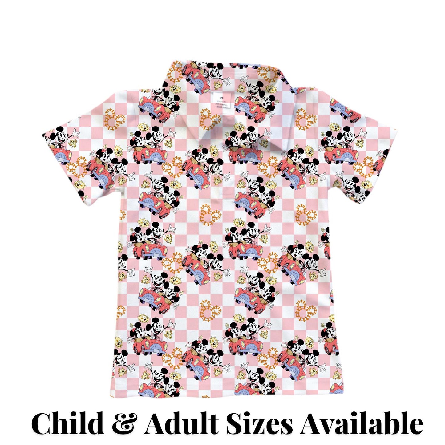 PREORDER Mickey and Minnie Runaway Railway Performance Polo Shirt | Adult and Child Pink Checkered Disney Park Outfit