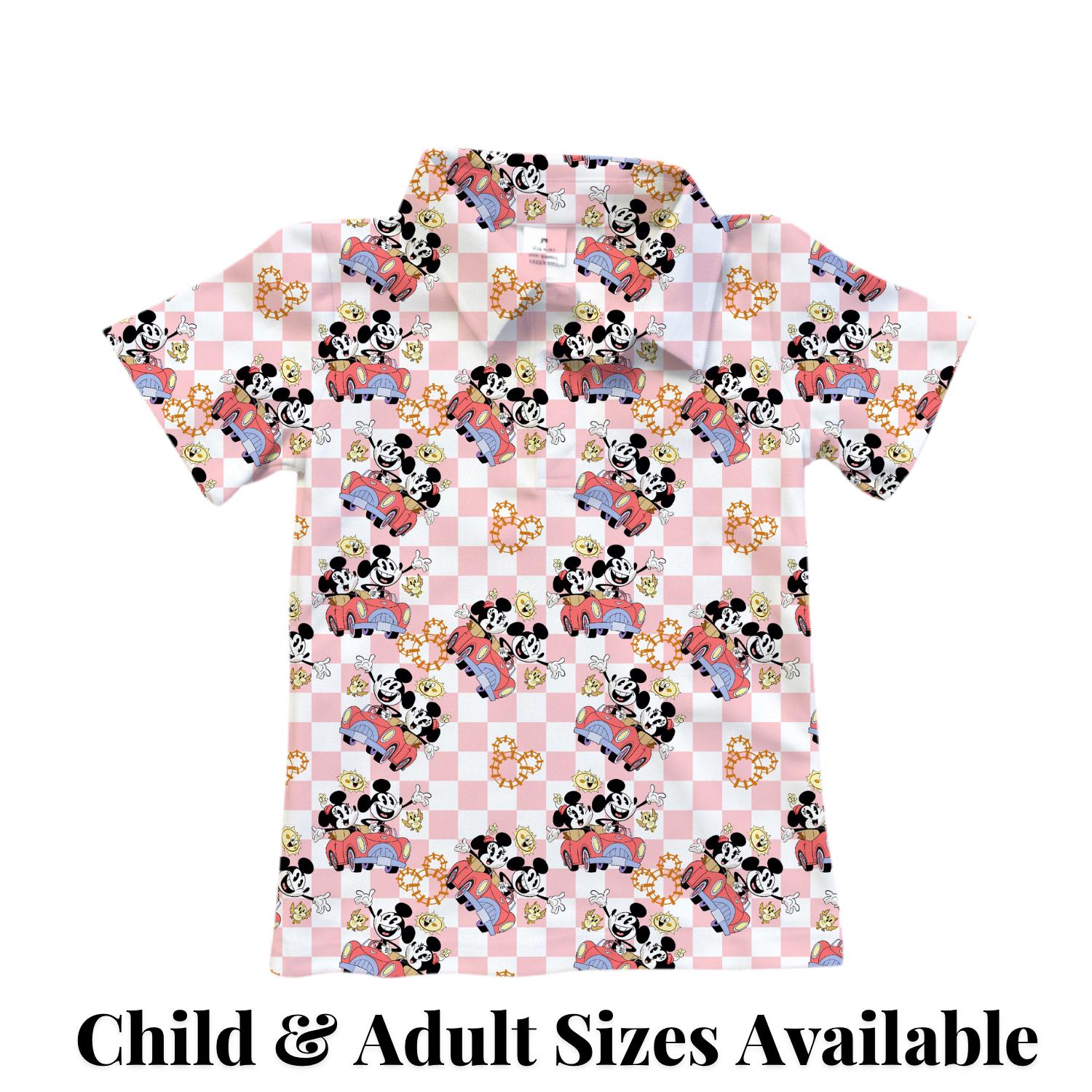 PREORDER Mickey and Minnie Runaway Railway Performance Polo Shirt | Adult and Child Pink Checkered Disney Park Outfit