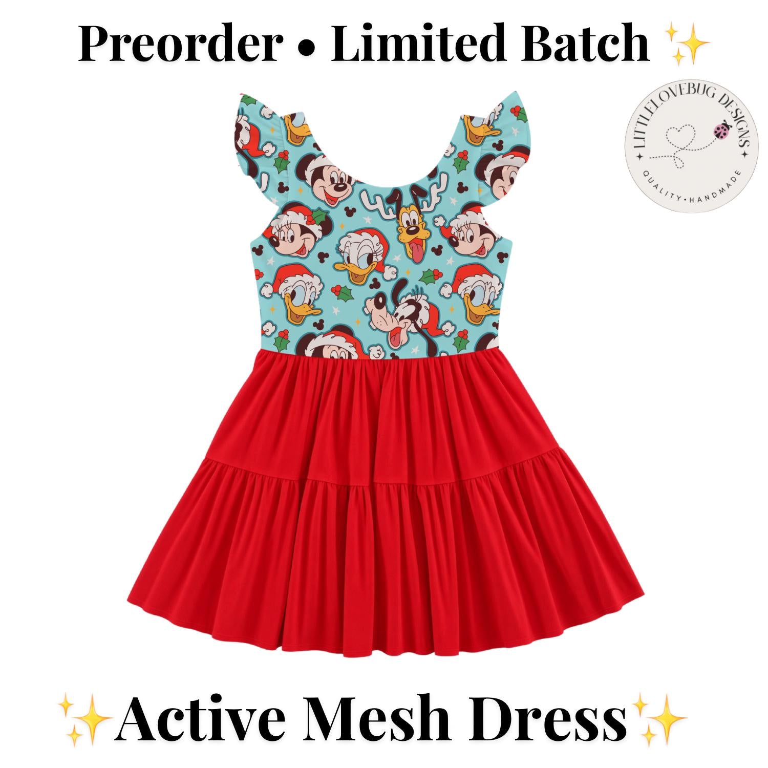 PREORDER Mickey and Friends Christmas Active Mesh Twirl Dress with Separate Shorts | Disney Holiday Outfit