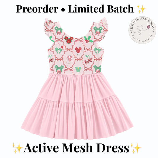 PREORDER Pink Mickey Christmas Bows Active Mesh Twirl Dress with Separate Shorts | Disney Holiday Park Outfit