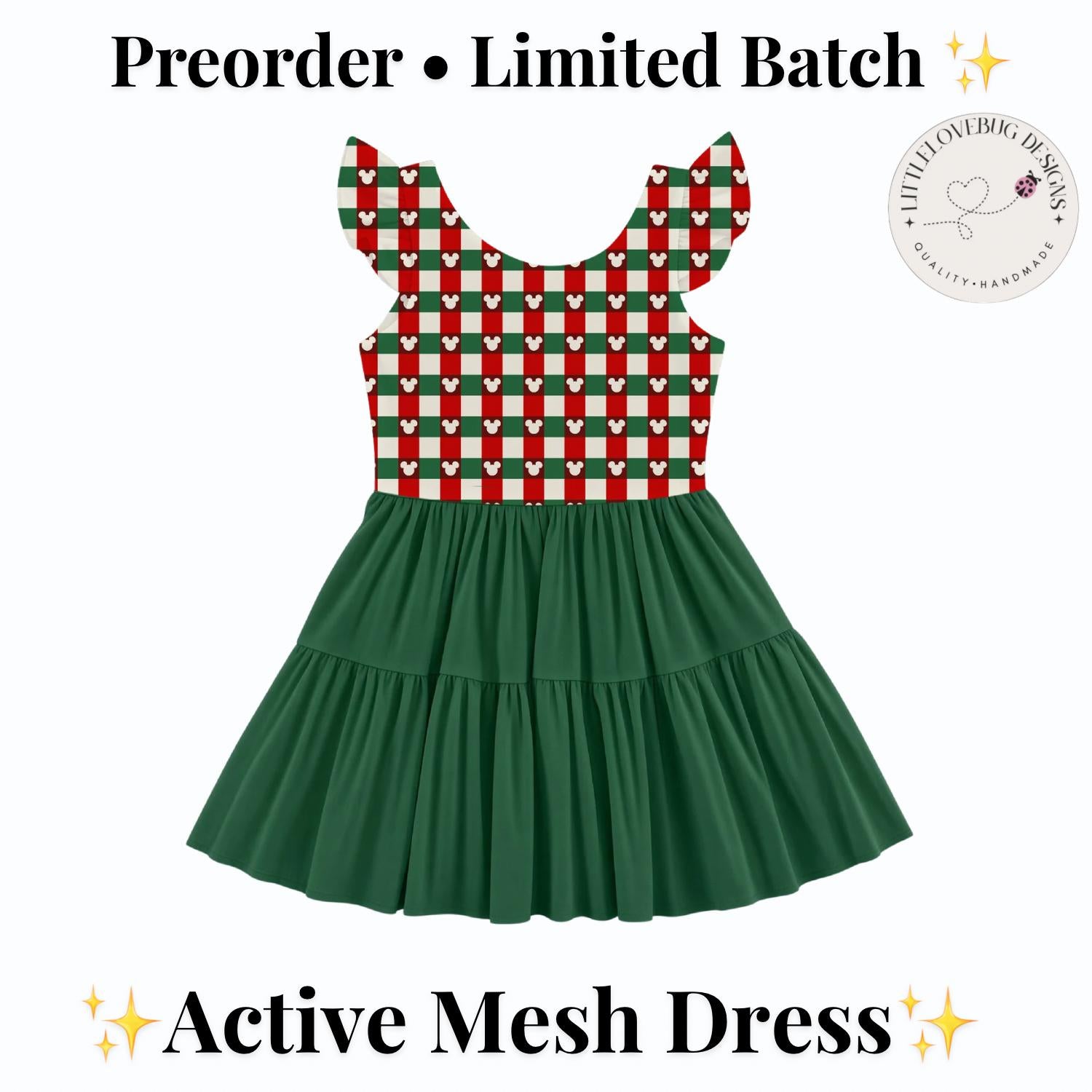 PREORDER Mickey Christmas Plaid Active Mesh Twirl Dress with Separate Shorts | Green Disney Holiday Park Outfit