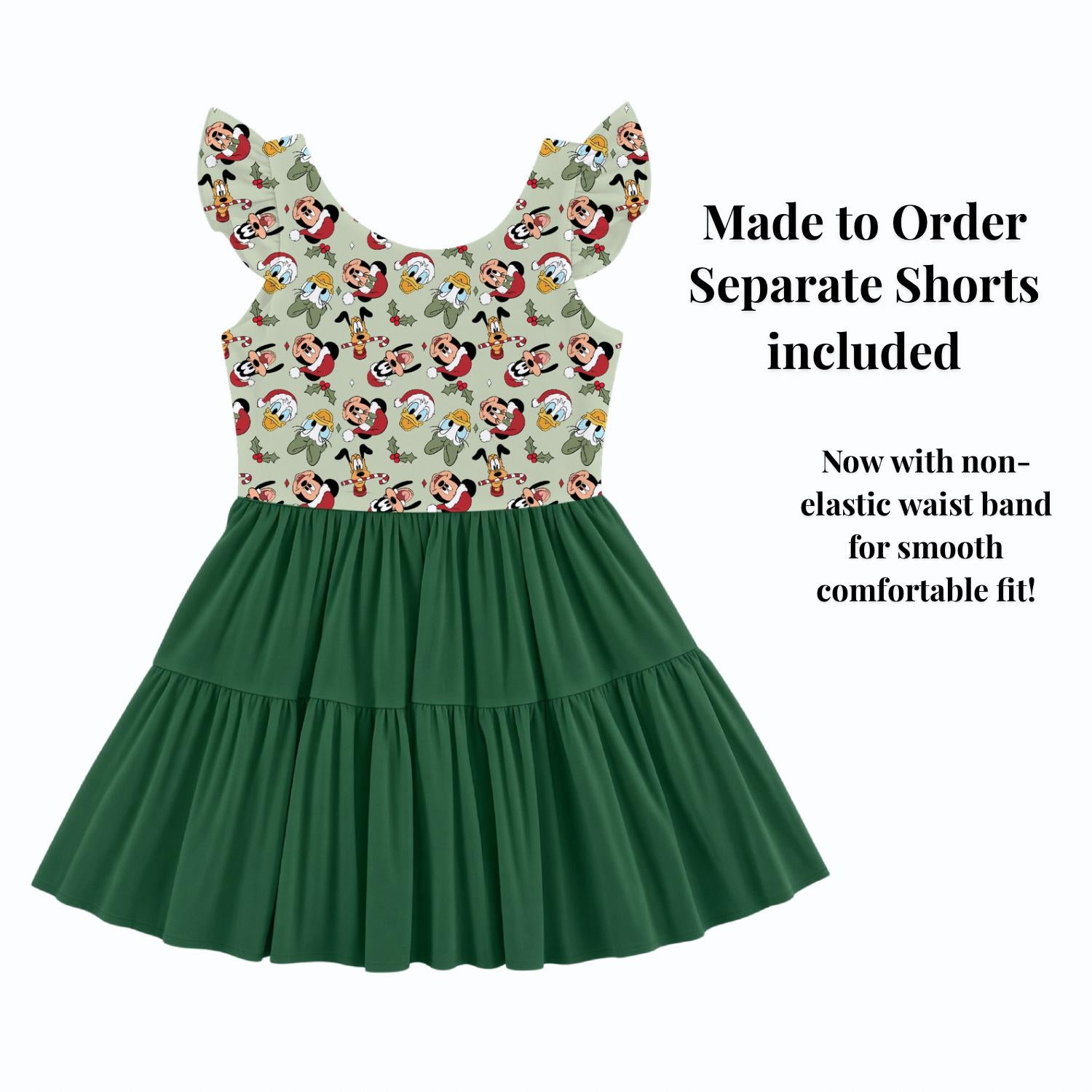 PREORDER Mickey and Friends Christmas Active Mesh Twirl Dress with Separate Shorts | Green Disney Holiday Park Outfit