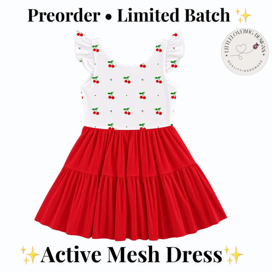 PREORDER Retro Cherry Active Mesh Twirl Dress with Separate Shorts | Red and White Girls  Outfit