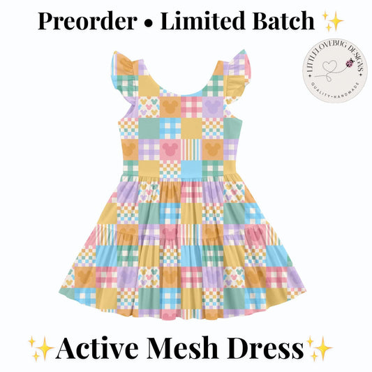 PREORDER Pastel Mickey Patchwork Active Mesh Twirl Dress with Separate Shorts | Colorful Disney Park Outfit