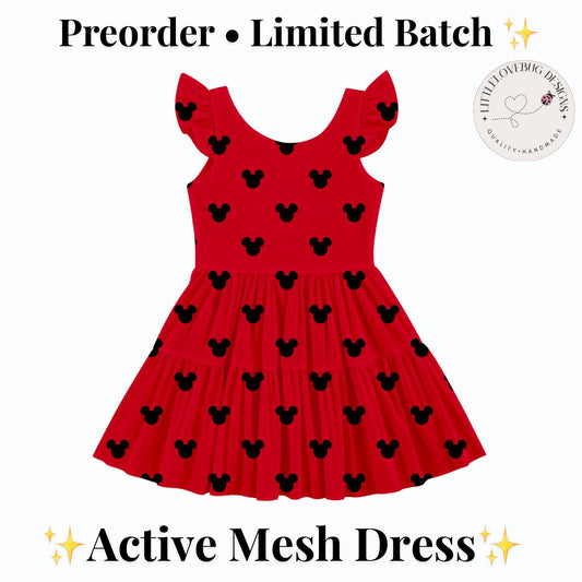 PREORDER Classic Red Mickey Active Mesh Twirl Dress with Separate Shorts | Black Mickey Icon Disney Park Outfit
