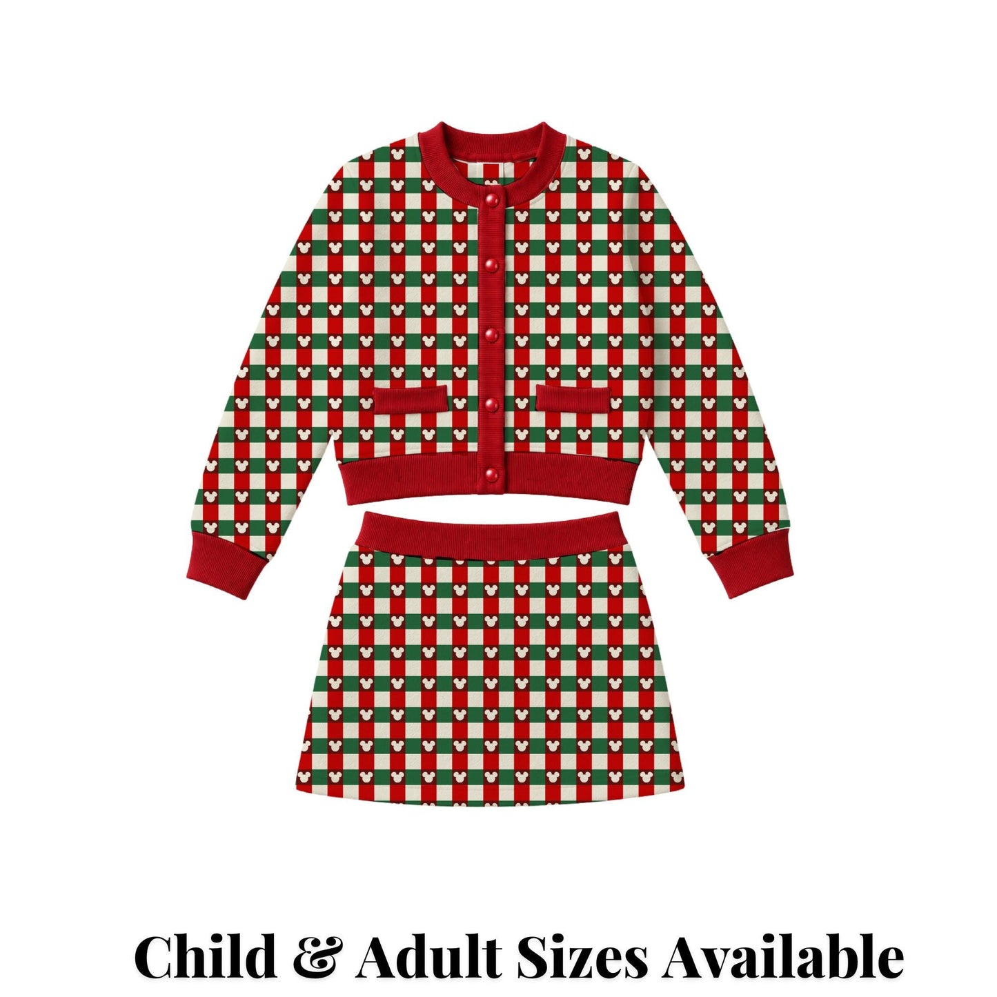 PREORDER Mickey Christmas Plaid Cardigan and Active Skort Set | Red and Green Disney Holiday Outfit