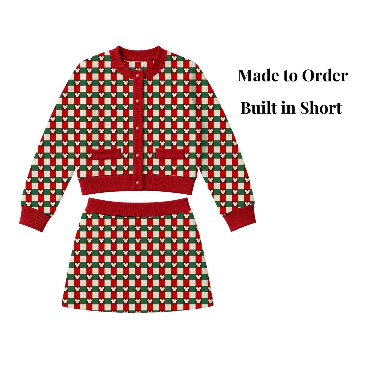 PREORDER Mickey Christmas Plaid Cardigan and Active Skort Set | Red and Green Disney Holiday Outfit