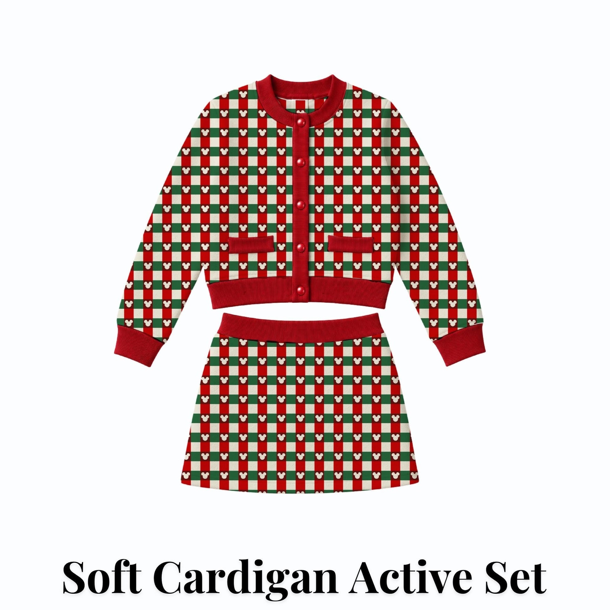 PREORDER Mickey Christmas Plaid Cardigan and Active Skort Set | Red and Green Disney Holiday Outfit