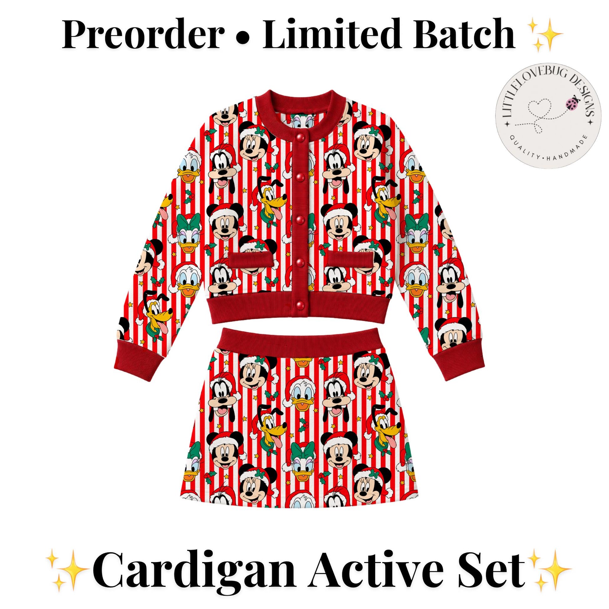 PREORDER Mickey and Friends Christmas Cardigan and Active Skort Set | Red Candy Cane Disney Holiday Outfit