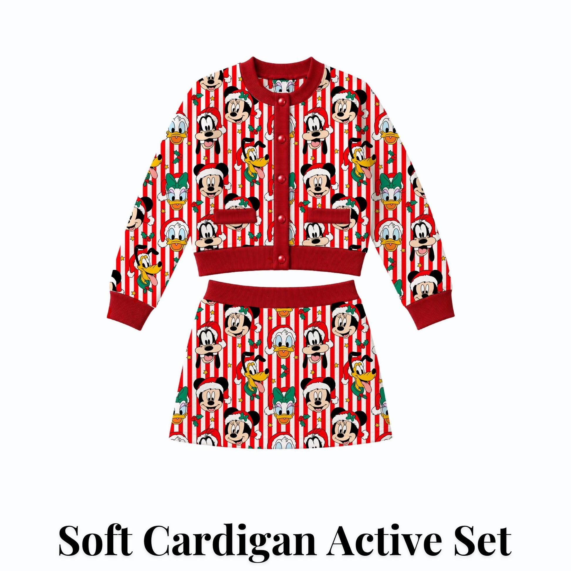 PREORDER Mickey and Friends Christmas Cardigan and Active Skort Set | Red Candy Cane Disney Holiday Outfit