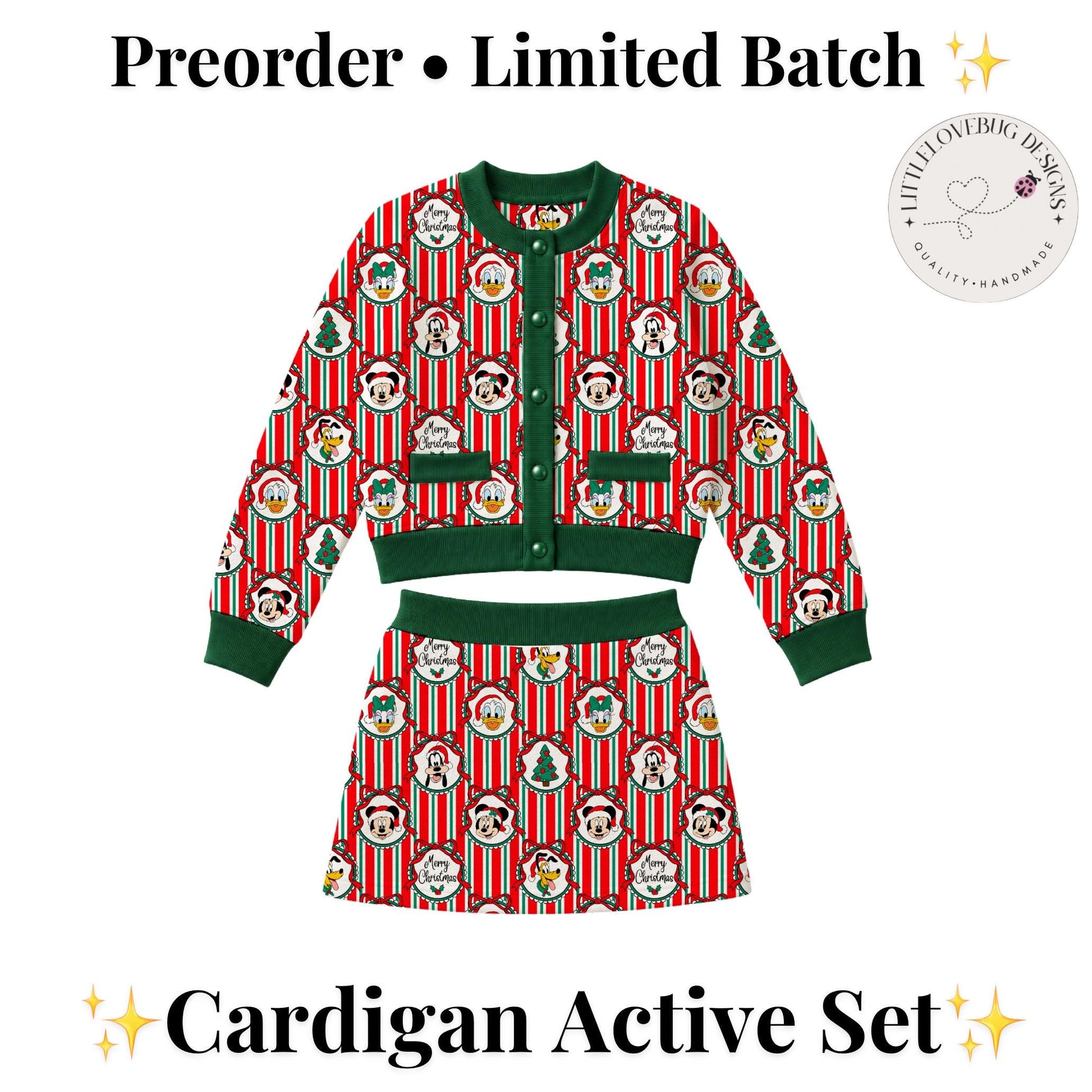 PREORDER Mickey and Friends Christmas Cardigan and Active Skort Set | Retro Stripe Disney Holiday Outfit