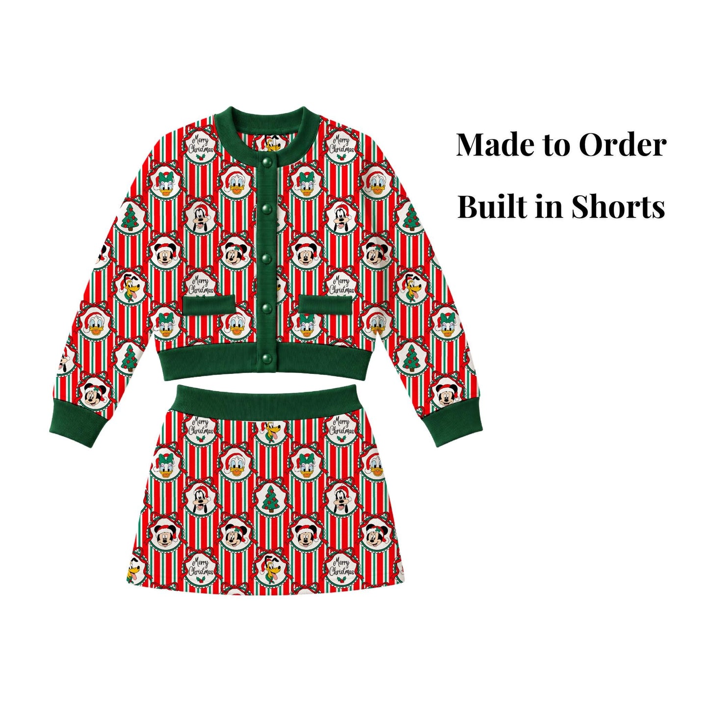 PREORDER Mickey and Friends Christmas Cardigan and Active Skort Set | Retro Stripe Disney Holiday Outfit